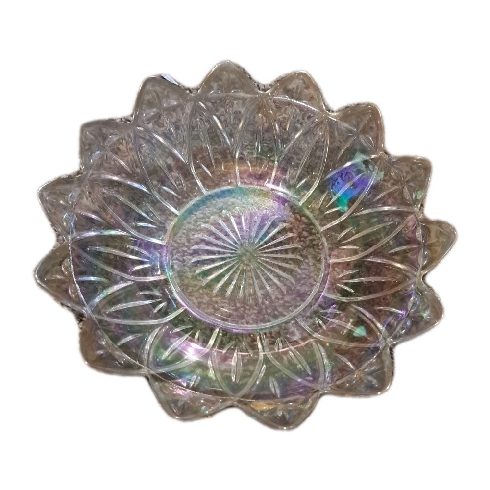 Vintage Federal Petal 8" Clear Carnival Glass Coupe Bowl Circa 1960 Iridescent